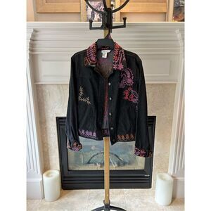 Coldwater Creek Petite Black Denim Multi Sequin Floral Embroidered Jacket Size P